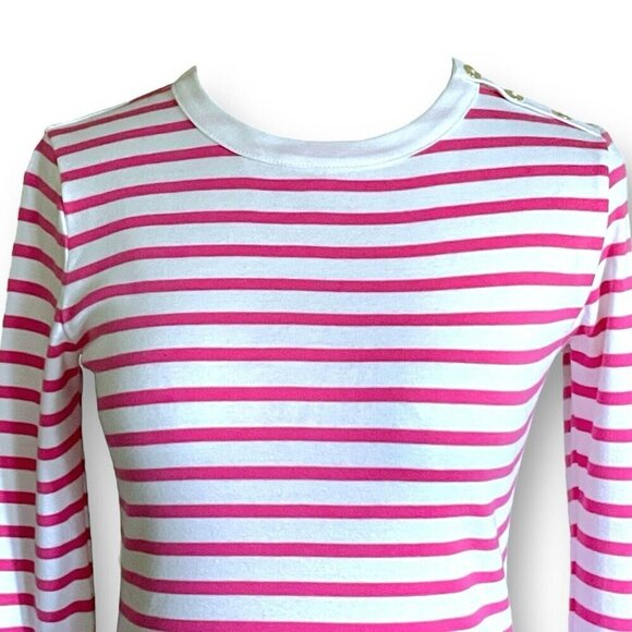 J Crew Womens Striped Button Shoulder Tee XS Pink White Stripe Preppy Shirt Top - Picture 4 of 9